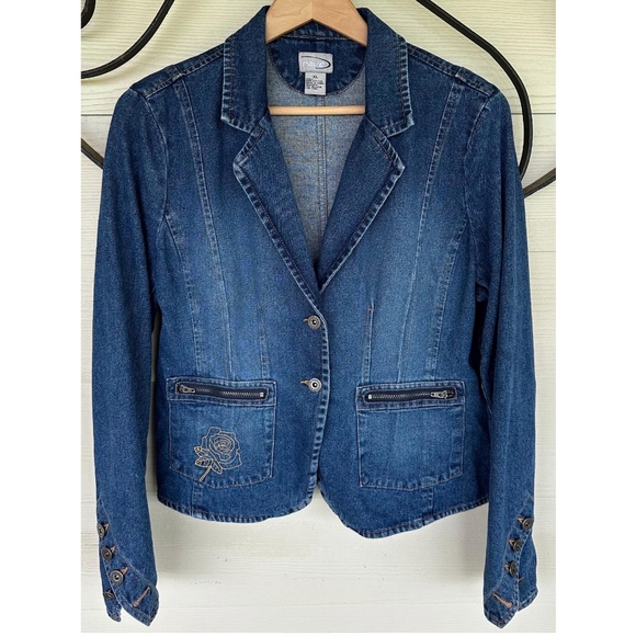 Vintage Y2K ‘Rave’ 2 Button Blue Denim Western Blazer • Rose Embroidery - S/M - Picture 1 of 4